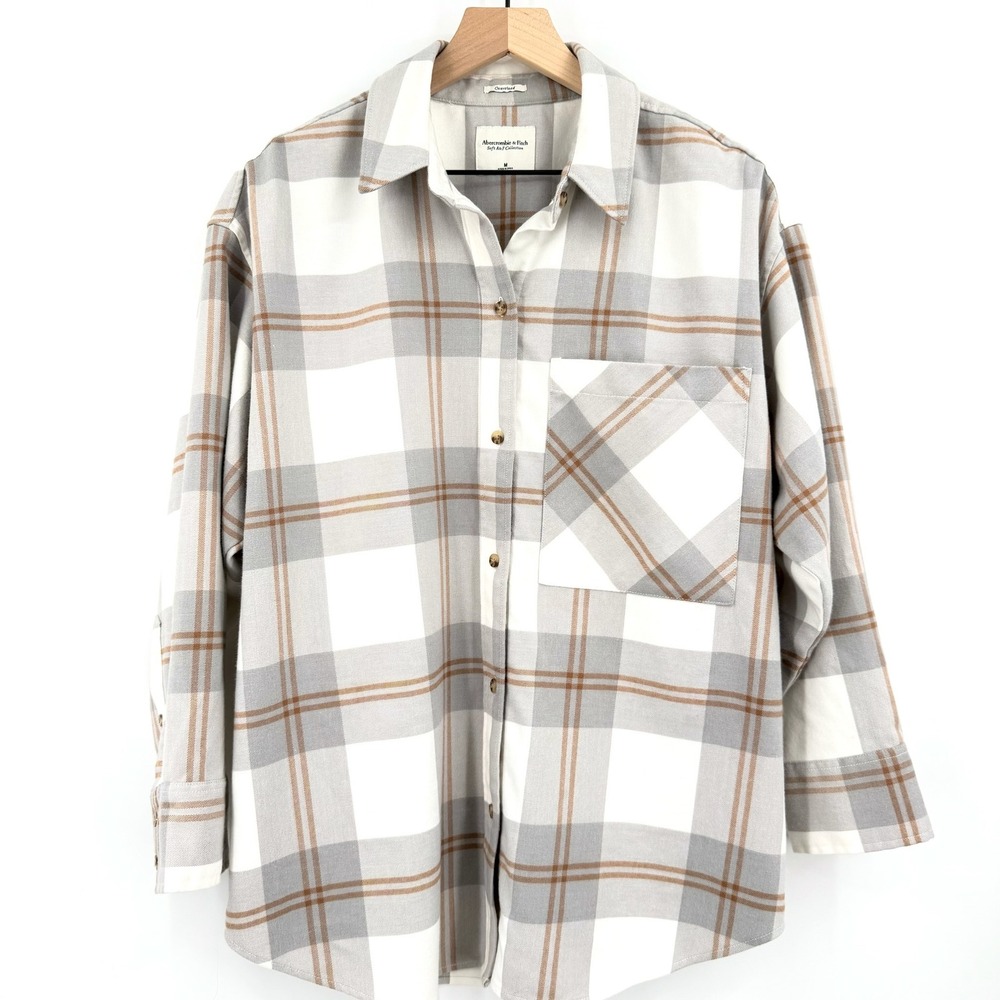 Abercrombie & Fitch Flannel Shirt Women Medium Grey Plaid Excellent Oversized